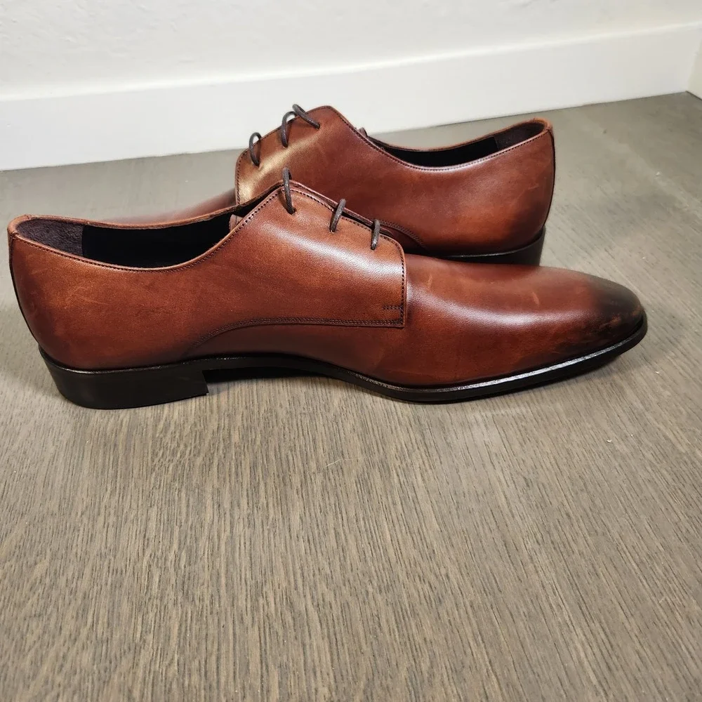 Vellapais Men's Brown Burnished Leather Derby Dress Shoes Size 14 EU 49 48549